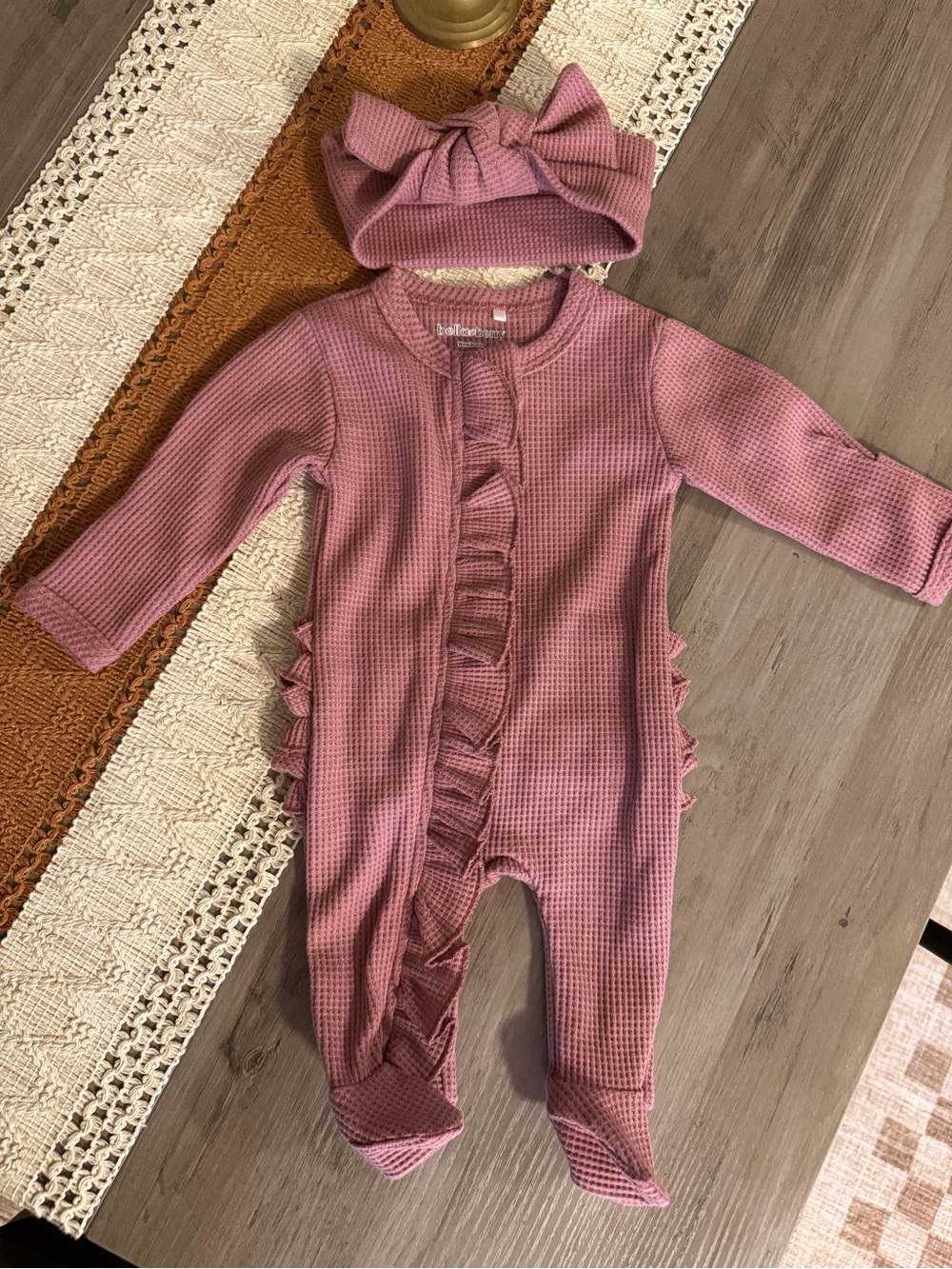 Waffle Ruffle Footed One-Piece with Matching Bow Hat - Mauve Pink